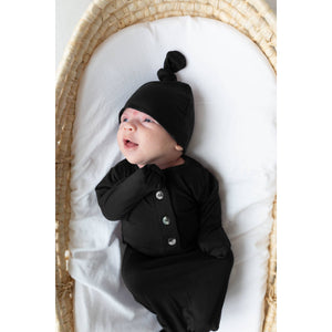 Knotted Baby Gown and Hat Set -Black