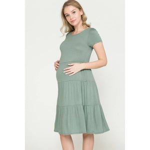 Round Neck Layered Shirred Midi Maternity Dress